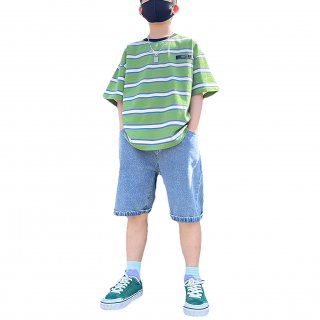 Boys Short Sleeve Stripe T-Shirt and Short Denim Pants Summer Tracksuit Set Green, 12-13 Years